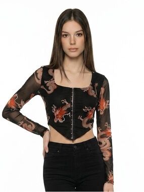 Rebellious Dreamer Y2K Dragon Print Mesh Long Sleeve Hook Eye Corset Top  Medium